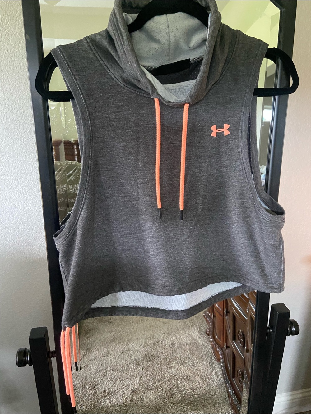 Under Armour Gray Cropped Sleeveless Hoodie with Coral Drawcords